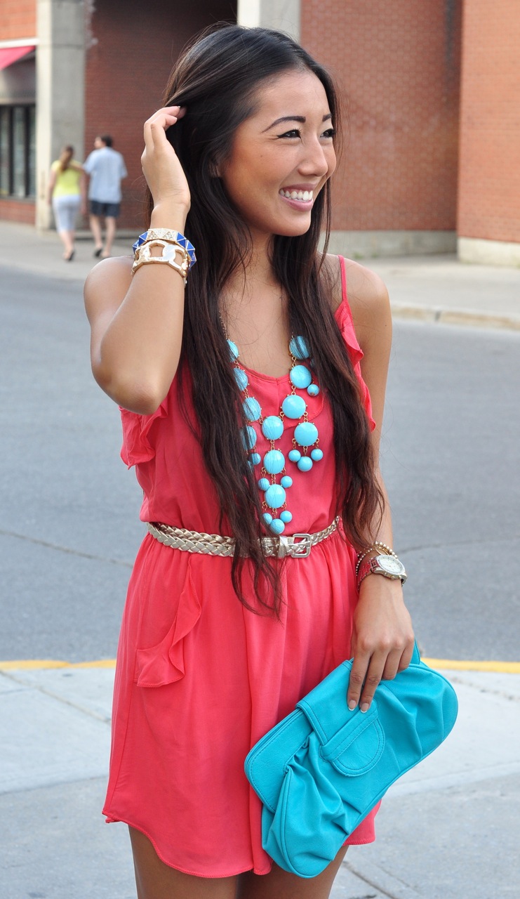coral dress, blue accessories, coral and blue color blocking, aritzia dress, asian girl smiling, pretty asian girl, nice smile, ottawa fashion