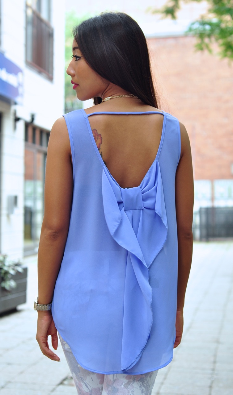 purple bow shirt, chiffon, asian model, road trip clothing, parcel shirt, low back shirt 