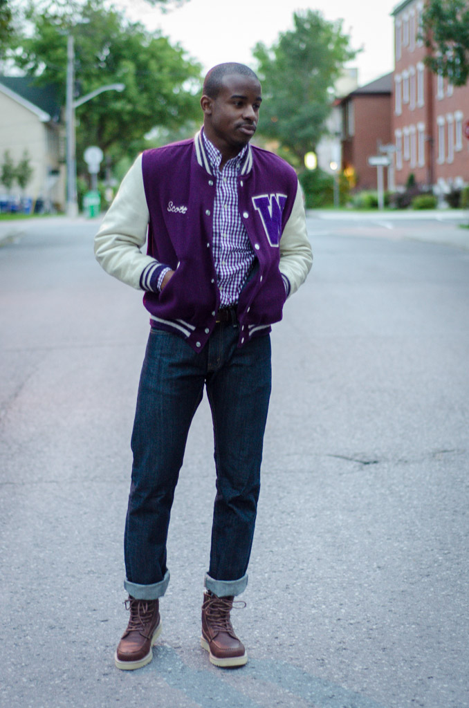 varsity jacket, purple varsity jacket, handsome black man, black male model, ottawa fashion, mens plum street style, calvin klein boots