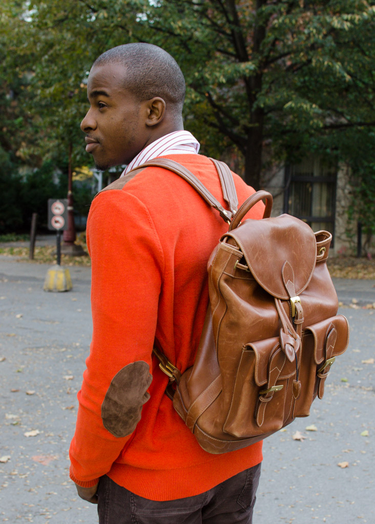 le 31 sweater, mens fall look, mens fall fashion, mexx pants, leather backpack, ottawa fashion, black male model