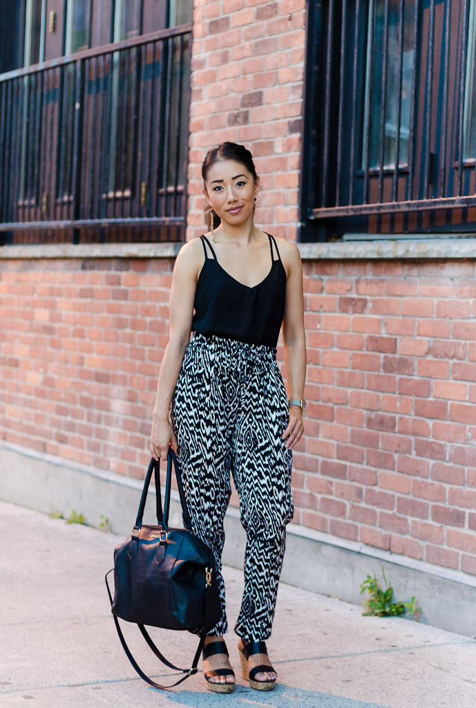 patterned pants, black wedges, black mesh top, giant tiger style, ottawa fashion, black purse